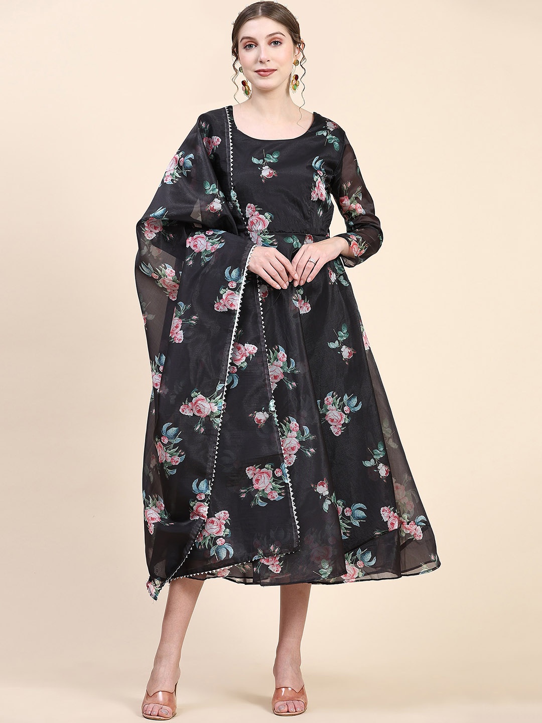 

BLACK SCISSOR Floral Printed Satin Fit and Flare Midi Ethnic Dresses With Dupatta