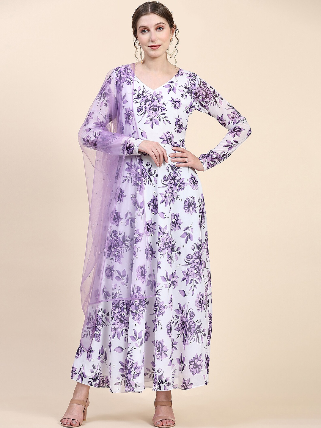 

BLACK SCISSOR Floral Printed Long Sleeves Georgette Maxi Gown With Dupatta, Lavender