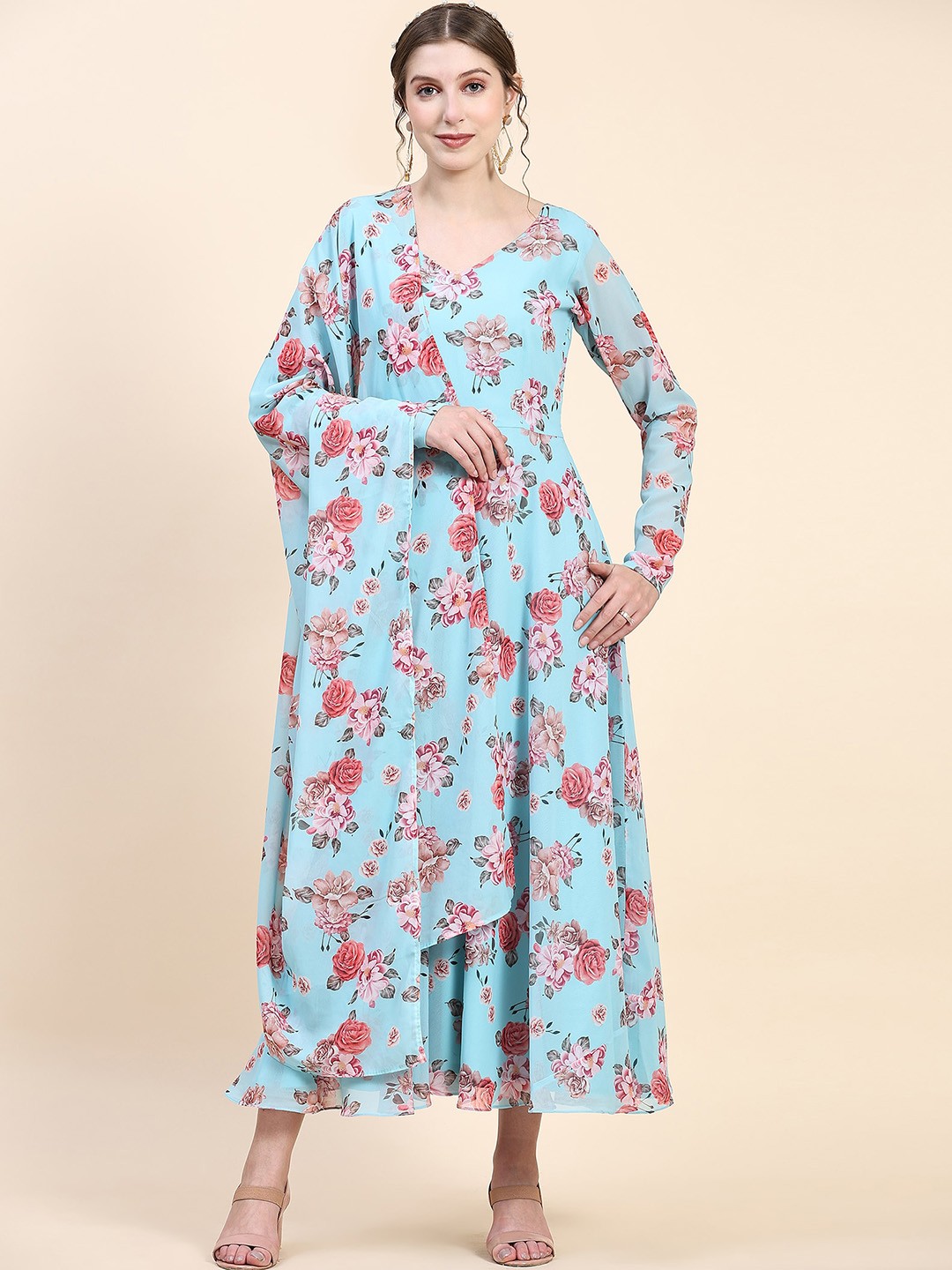 

BLACK SCISSOR Floral Printed Fit & Flared Georgette Maxi Ethnic Dress With Dupatta, Blue