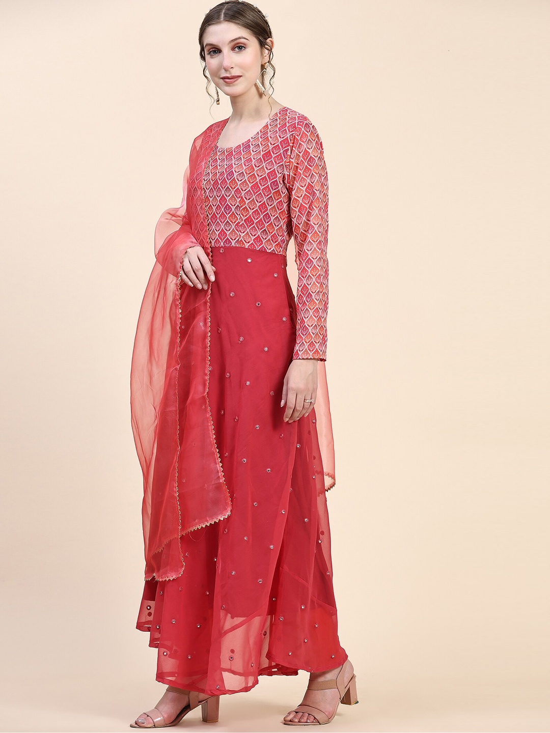 

BLACK SCISSOR Ethnic Motifs Embroidered Mirror Work Detailed A-Line Kurta With Dupatta, Red