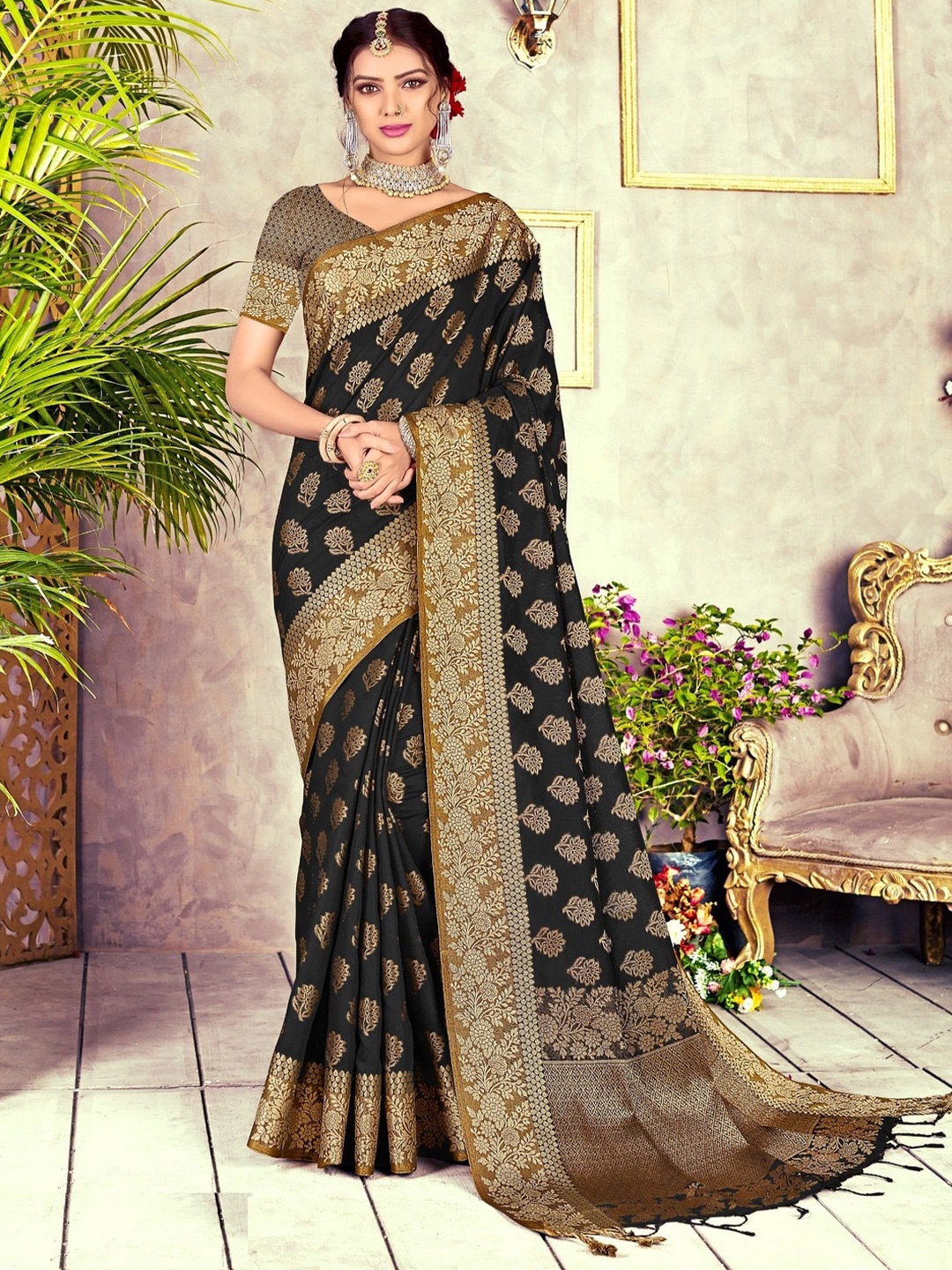 

GAJARAI Ethnic Motifs Woven Design Zari Chanderi Saree, Black