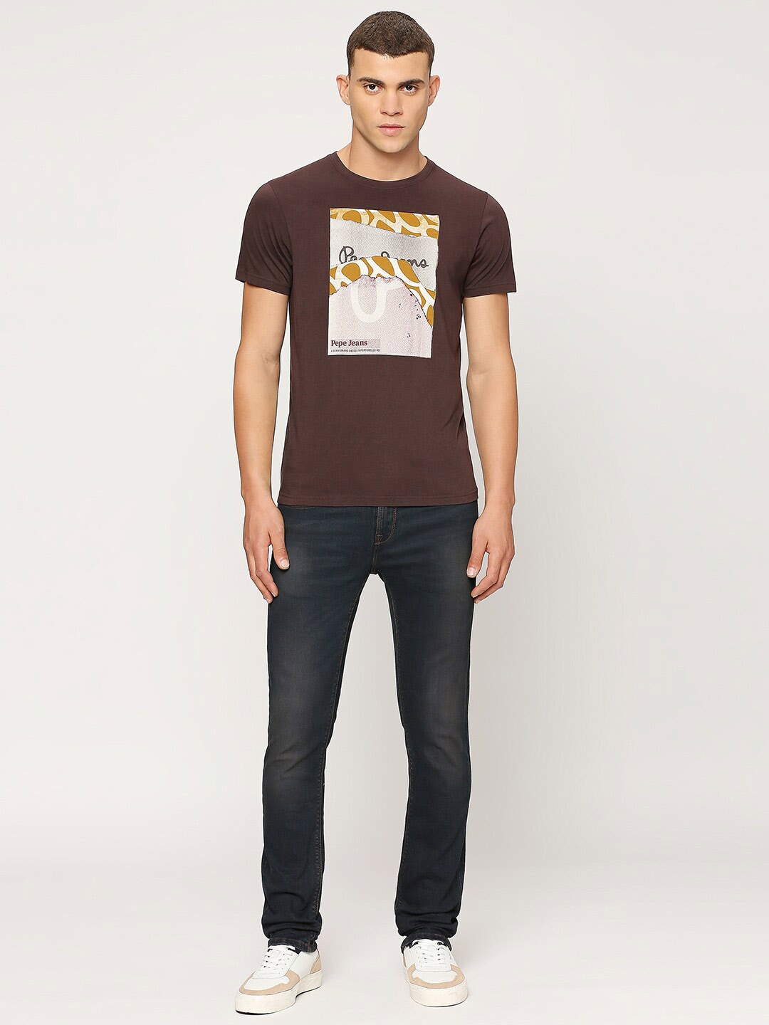 

Pepe Jeans Graphic Printed Round Neck Short Sleeve Pure Cotton Slim Fit T-shirt, Brown