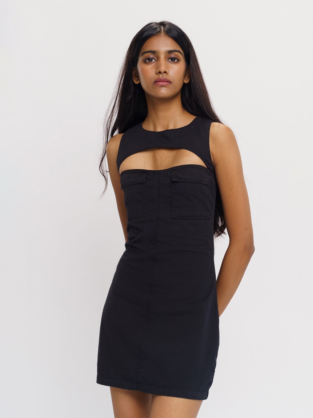 

FREAKINS Black Round Neck Cut-outs Cotton Sheath Mini Dress