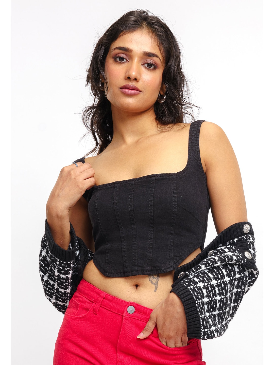 

FREAKINS Square Neck Pure Cotton Crop Fitted Top, Black