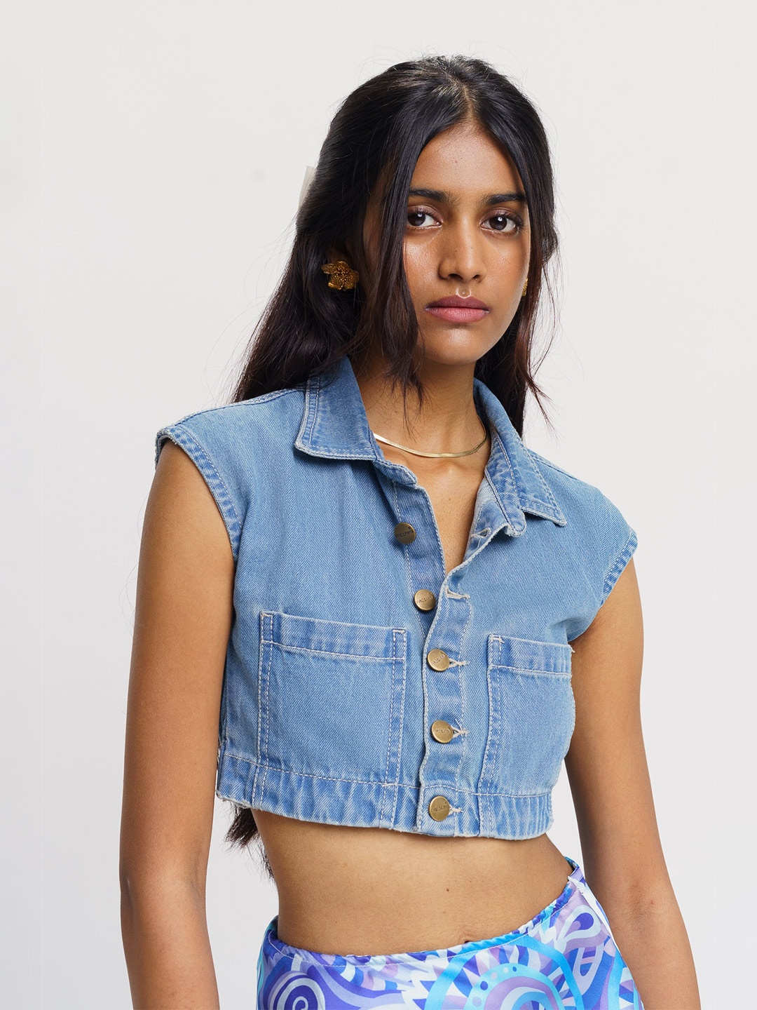 

FREAKINS Shirt Collar Shirt Style Crop Top, Blue