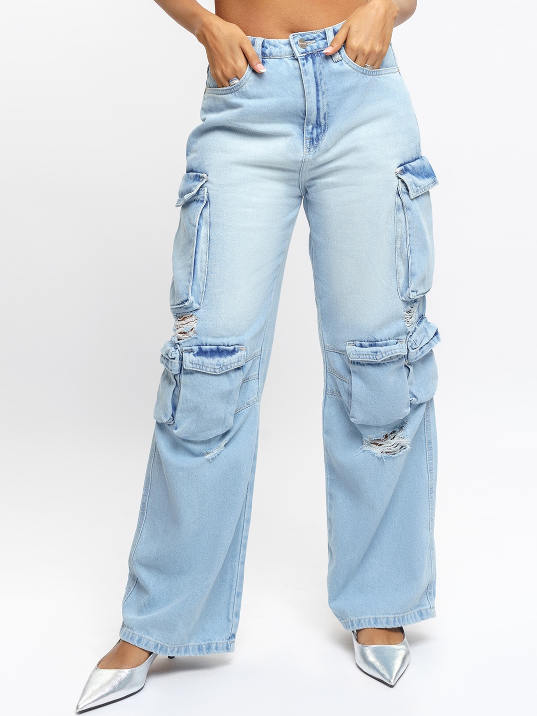 

FREAKINS Women Straight Fit High-Rise Mildly Distressed Heavy Fade Denim Cargo, Blue