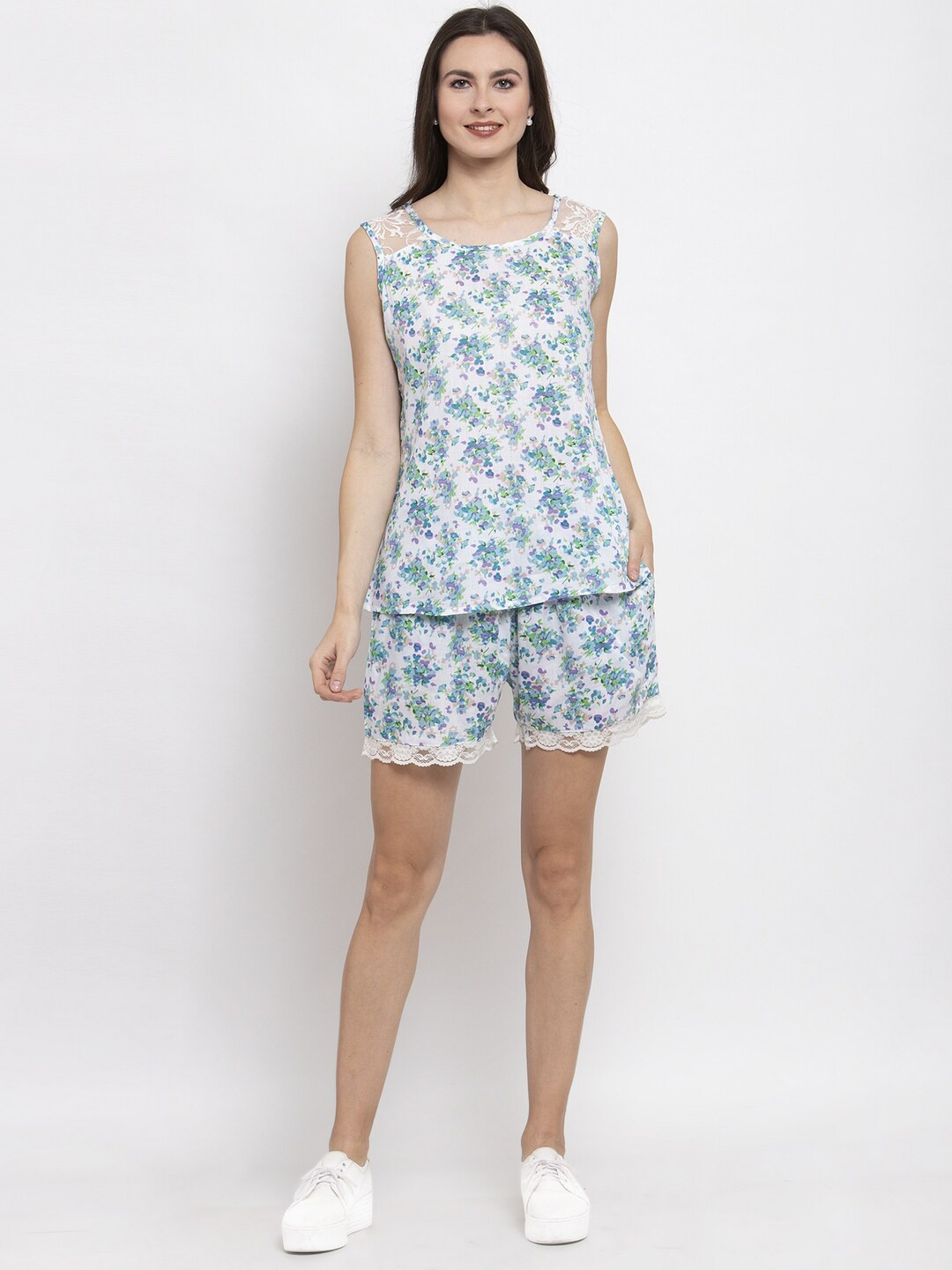 

PATRORNA Floral Printed Sleeveless Night suit, White