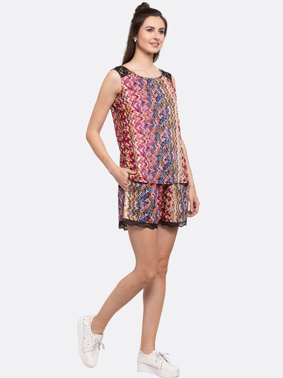 

PATRORNA Printed Lace Detail Sleeveless Top & Shorts, Pink