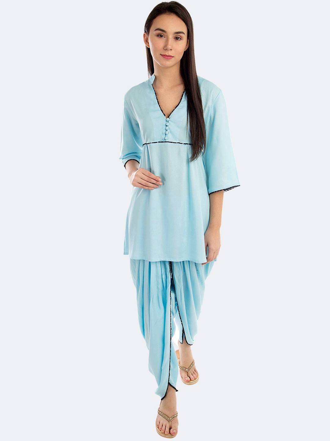 

PATRORNA Cotton Bamboo Linen Regular Kurti With Dhoti Pants, Blue