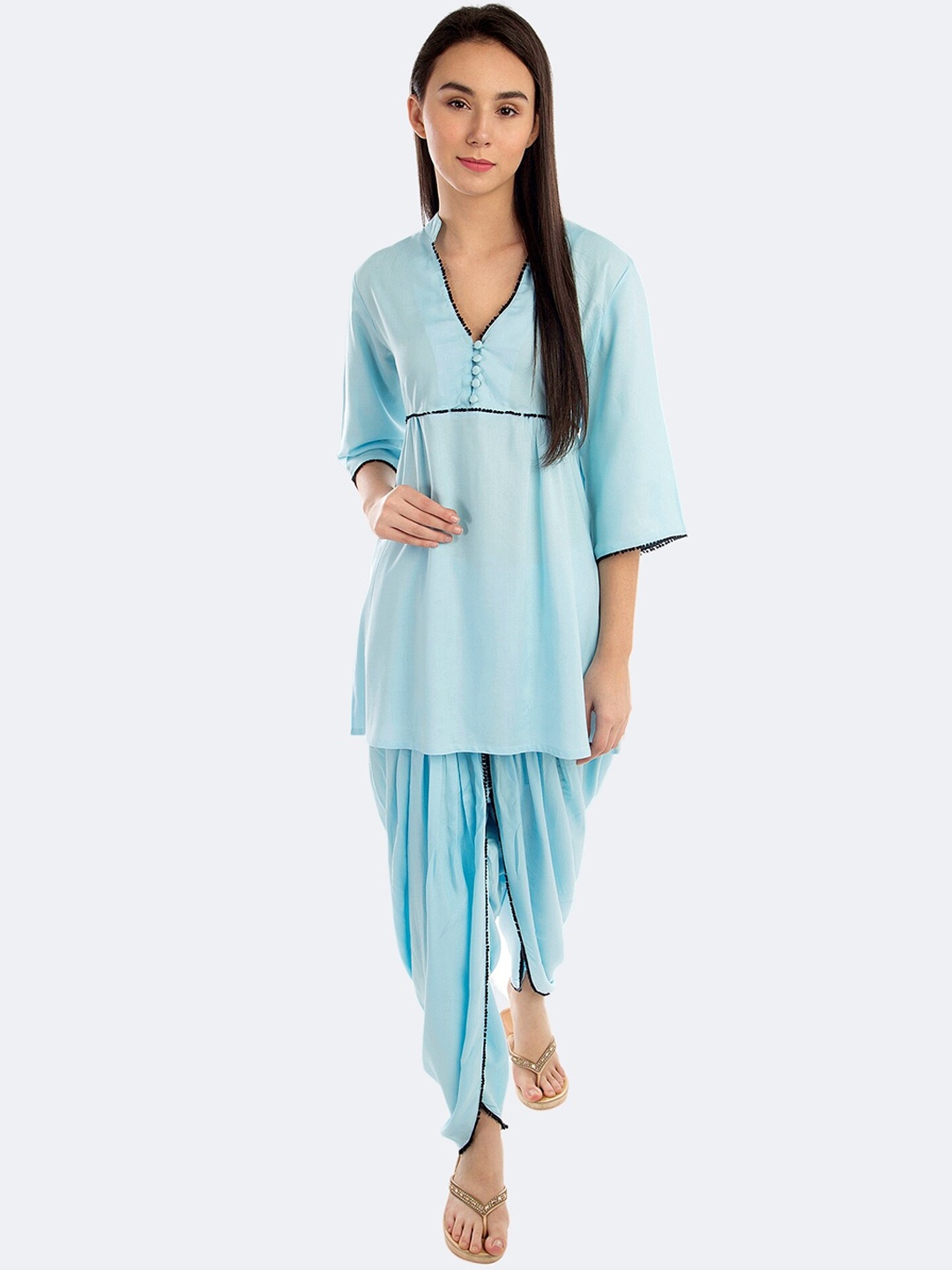 

PATRORNA Embellished Mandarin Collar Night suit, Blue