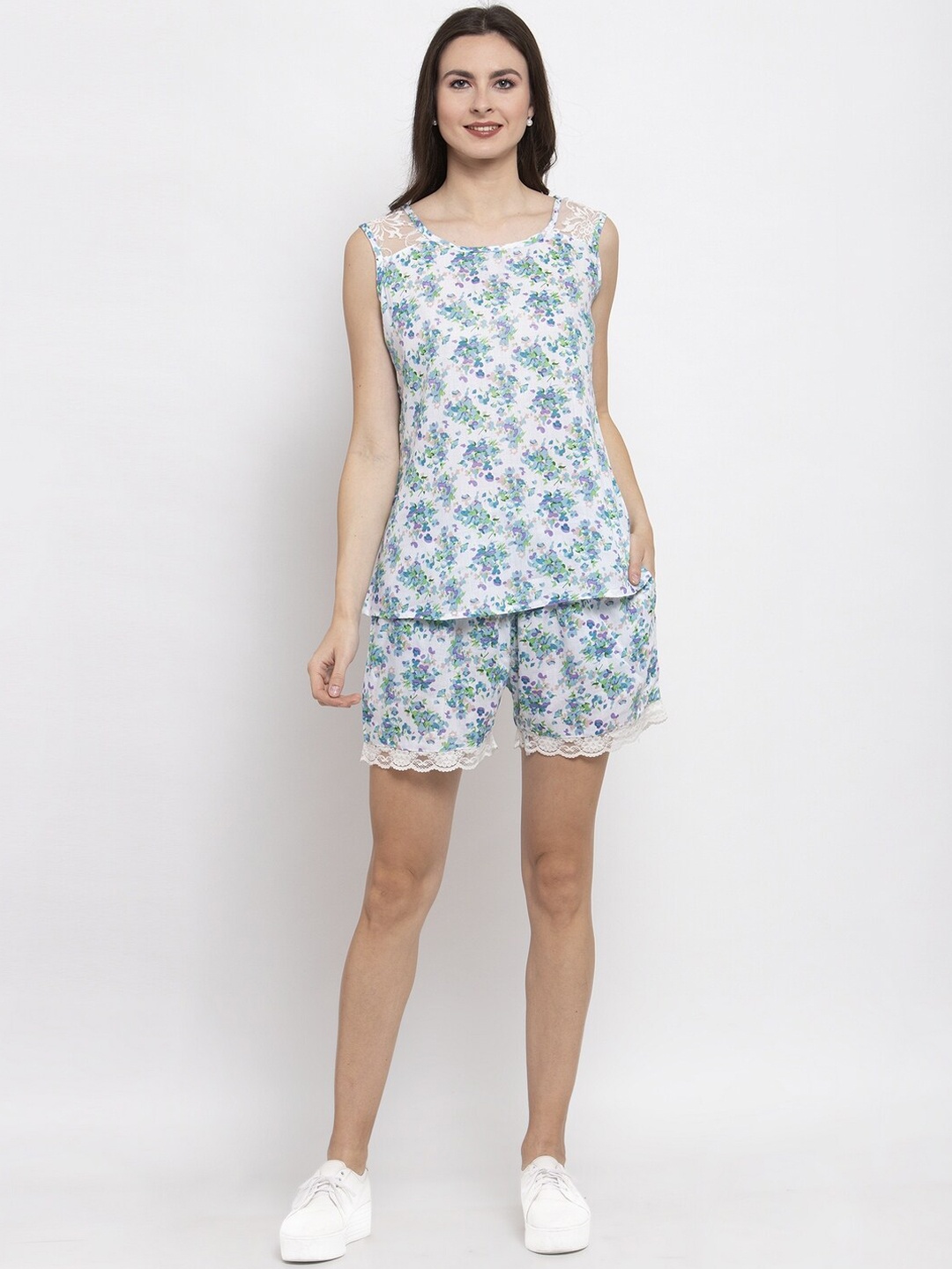 

PATRORNA Floral Printed Lace Detail Sleeveless Top With Shorts, White