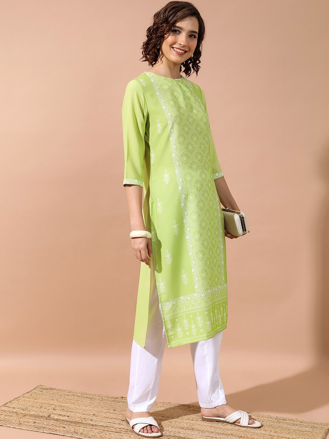 

Vishudh Lime Green Floral Printed Keyhole Neck Straight Kurta