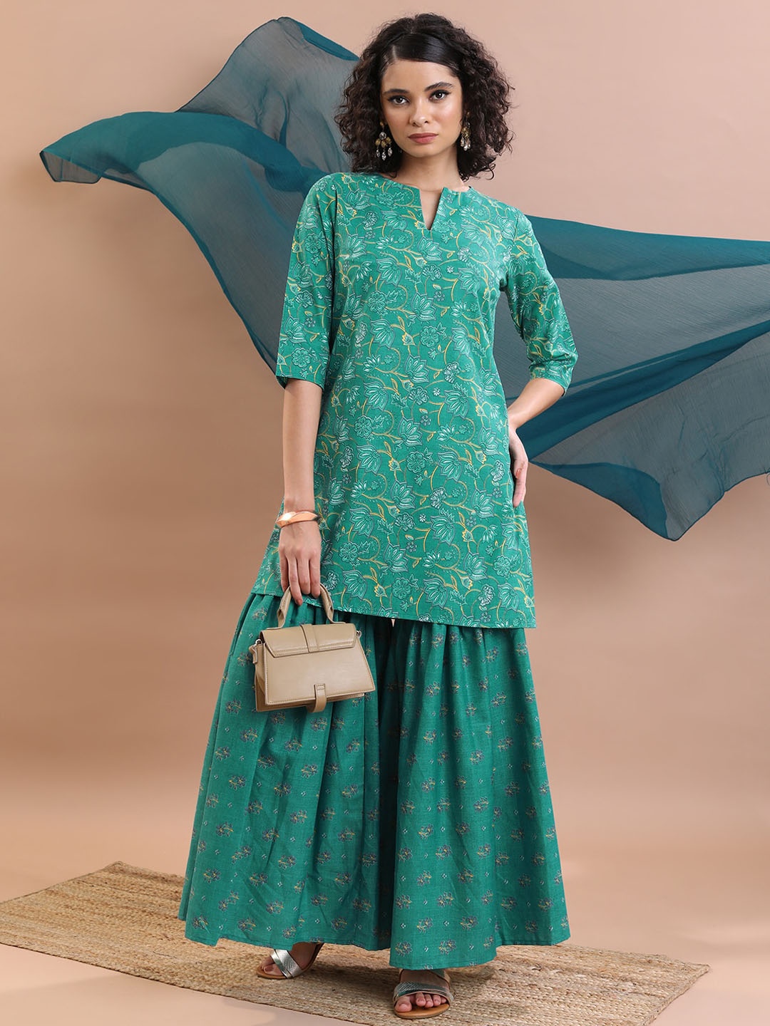 

Vishudh Green & turquoise Blue Floral Printed Regular Kurti With Sharara & Dupatta
