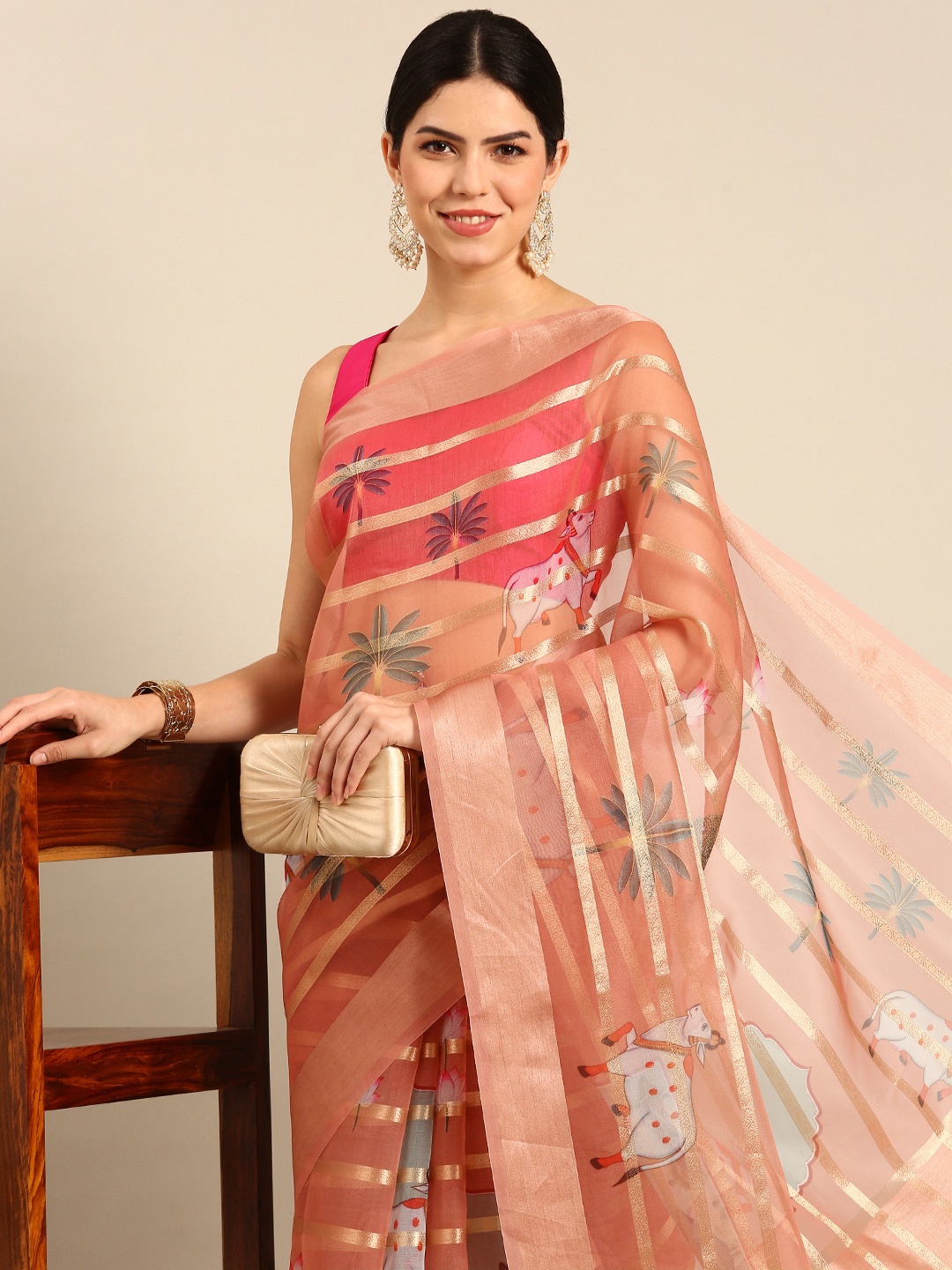 

Simaaya Ethnic Motifs Zari Organza Saree, Peach