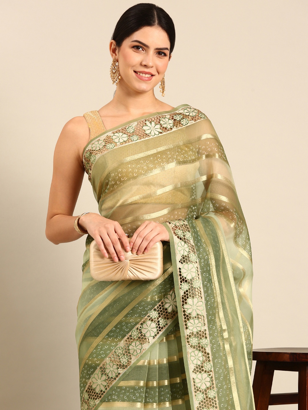 

Simaaya Striped Zari Organza Saree, Green