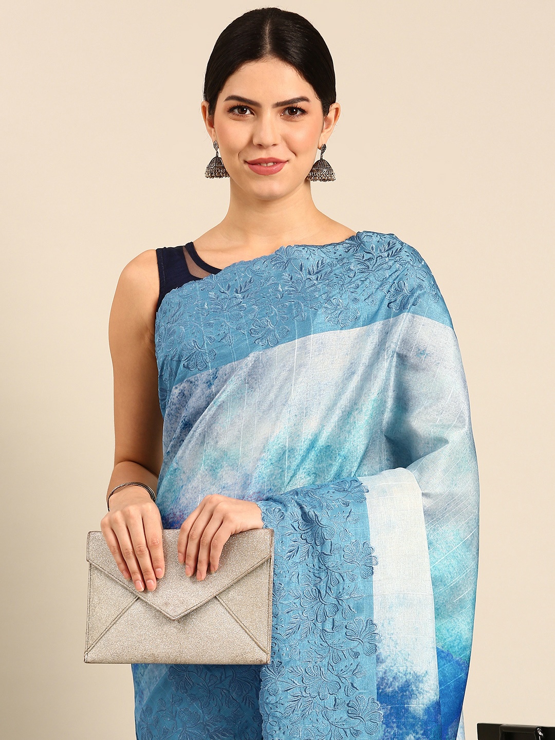

Simaaya Tie and Dye Zari Pure Silk Saree, Turquoise blue