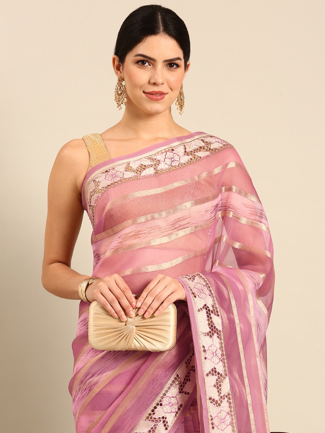 

Simaaya Striped Zari Organza Saree, Pink