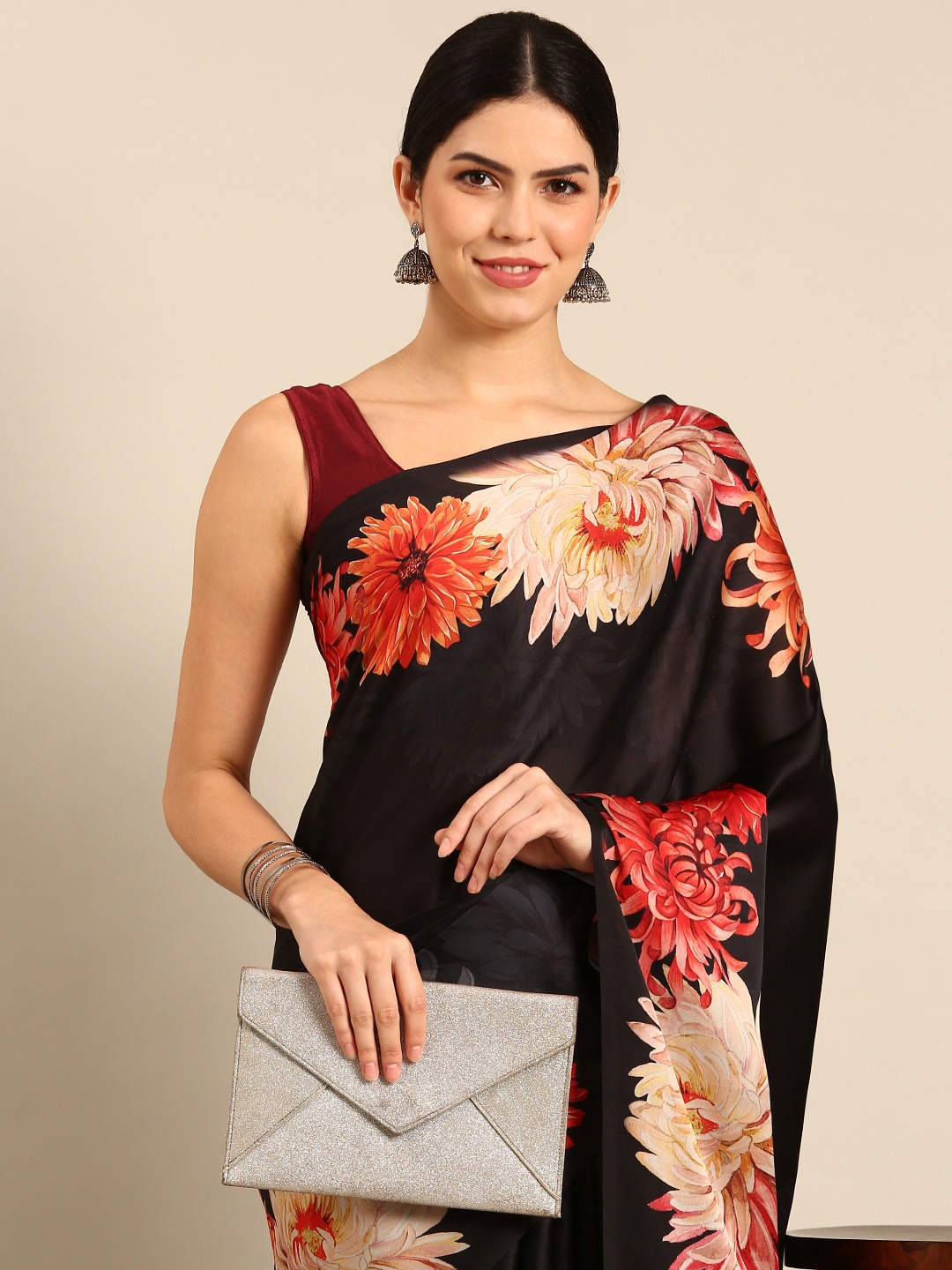 

Simaaya Floral Satin Saree, Black