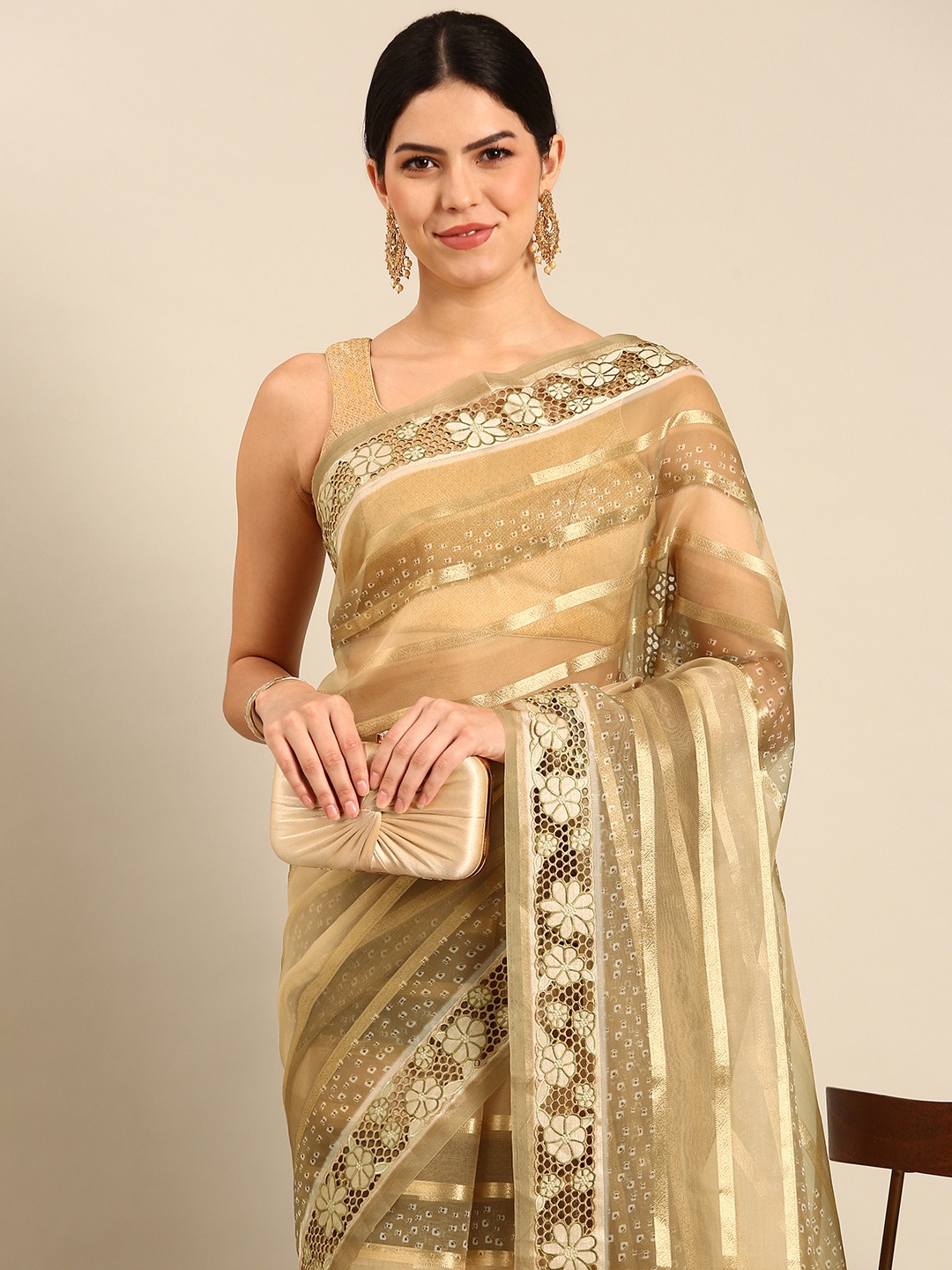 

Simaaya Striped Zari Organza Saree, Beige