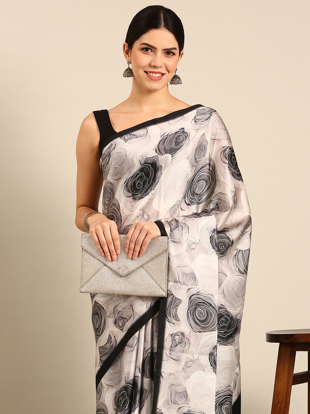 

Simaaya Floral Satin Saree, Grey