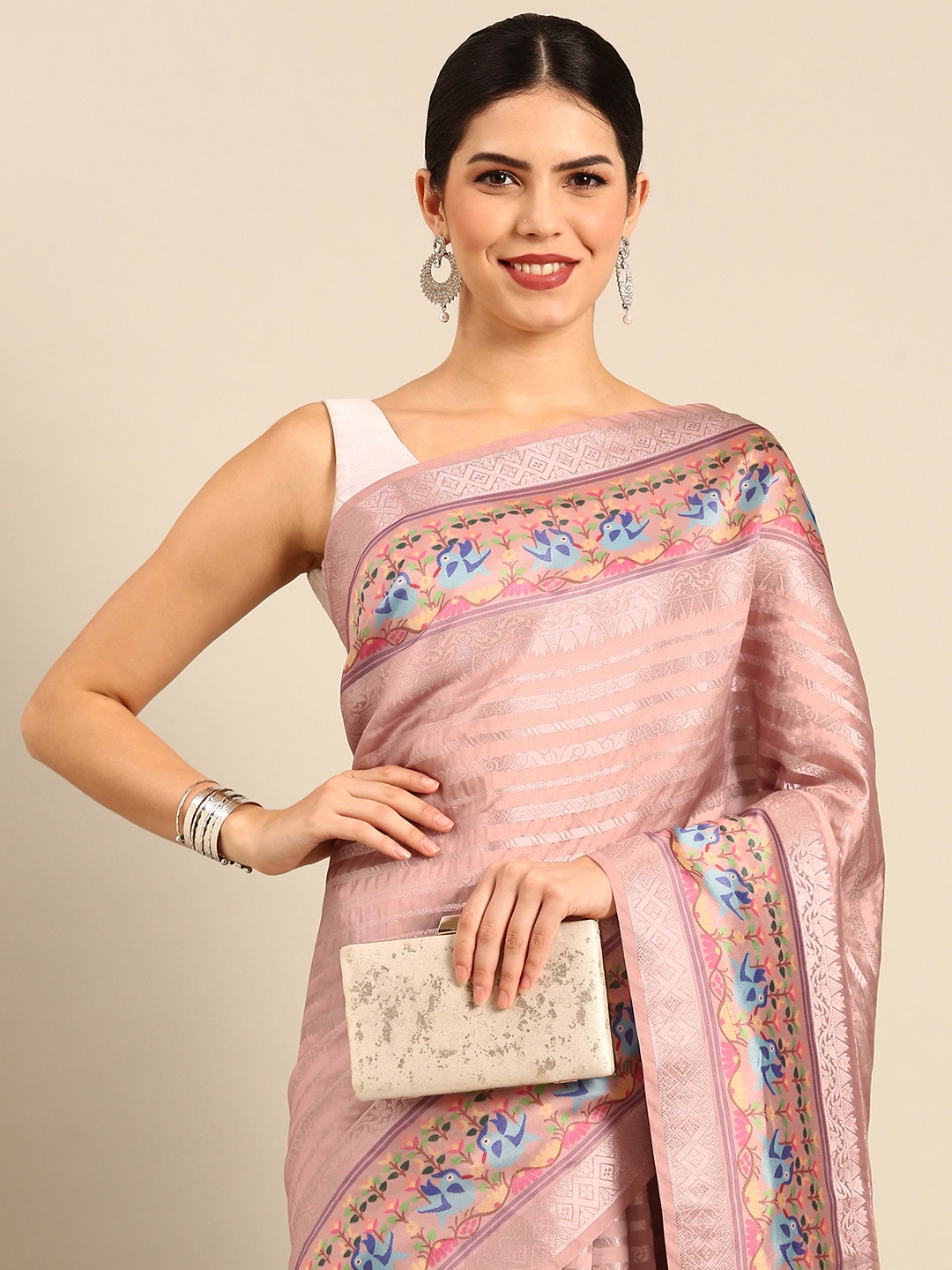 

Simaaya Striped Zari Art Silk Saree, Pink