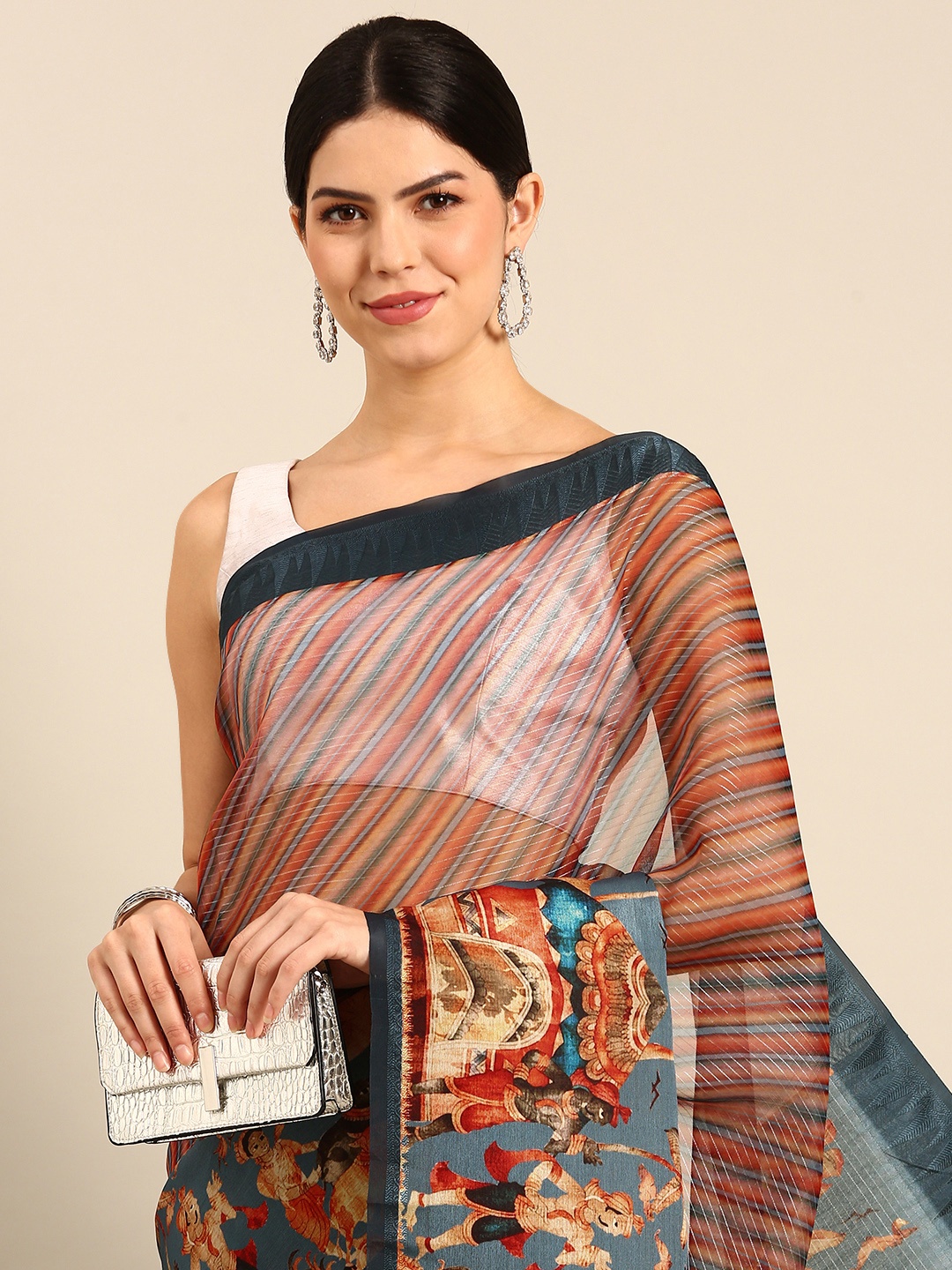 

Simaaya Kalamkari Organza Saree, Grey