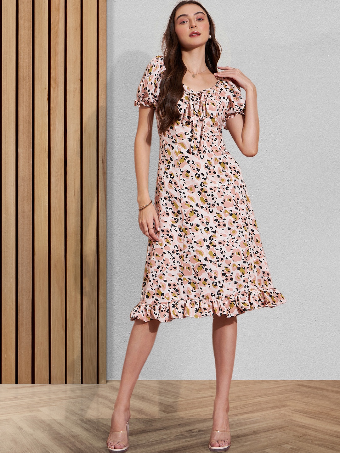 

DressBerry Beige Abstract Printed V-Neck Crepe A-Line Dress