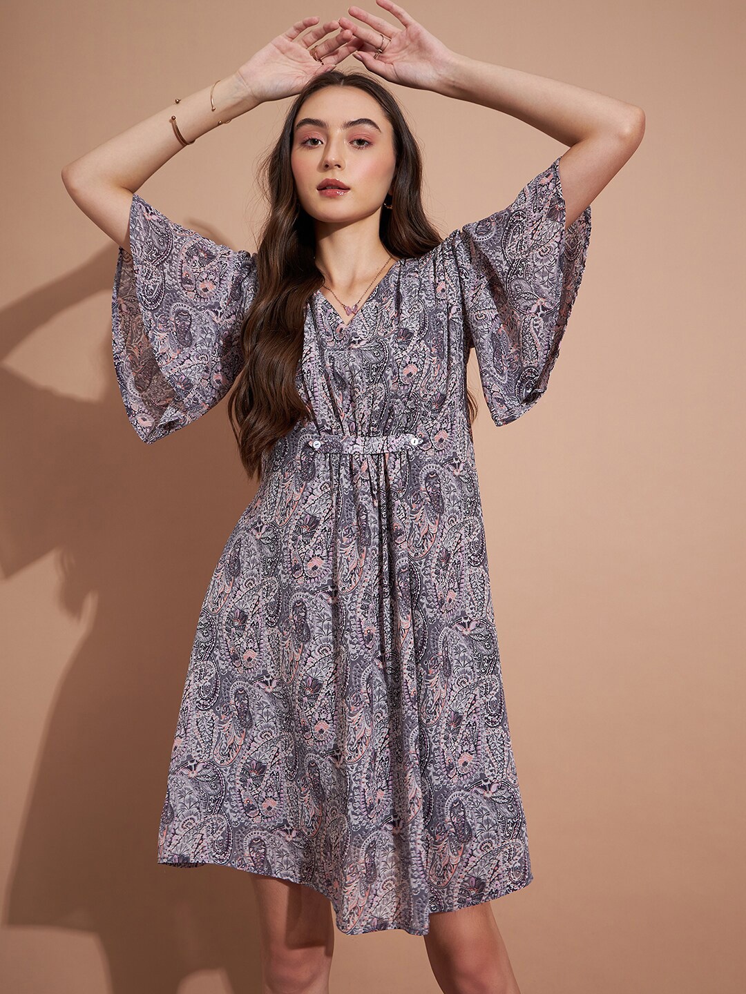 

DressBerry Grey Ethnic Motifs Printed Flared Sleeves Gathered A-Line Dress