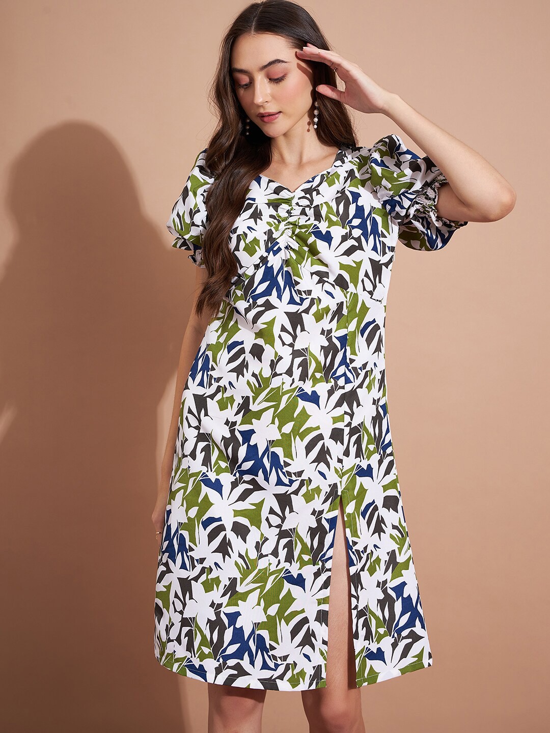 

DressBerry White Floral Printed V-Neck A-Line Dress