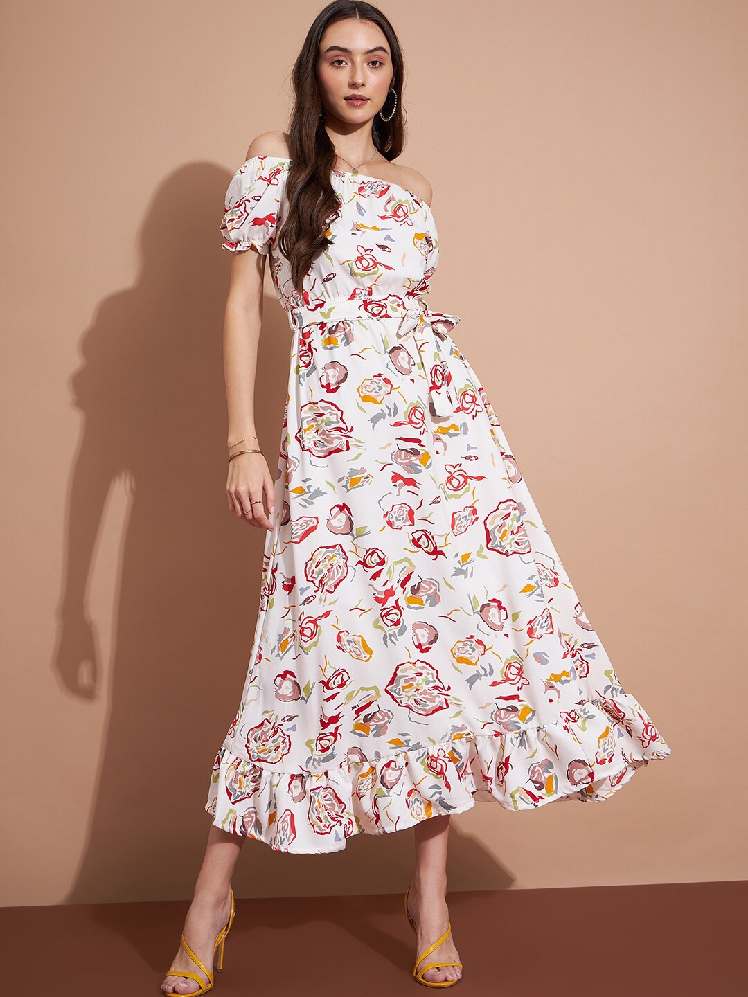 

DressBerry White Floral Printed Off-Shoulder Gathered Fit & Flare Midi Dress
