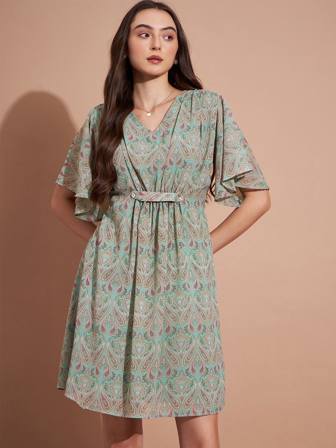 

DressBerry Green Ethnic Motifs Printed Flared Sleeves Gathered A-Line Dress