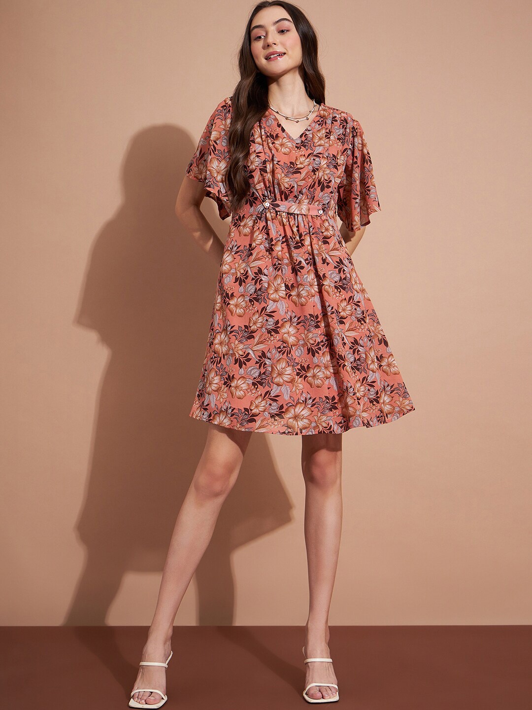 

DressBerry Rust Floral Printed Flared Sleeves Gathered A-Line Dress