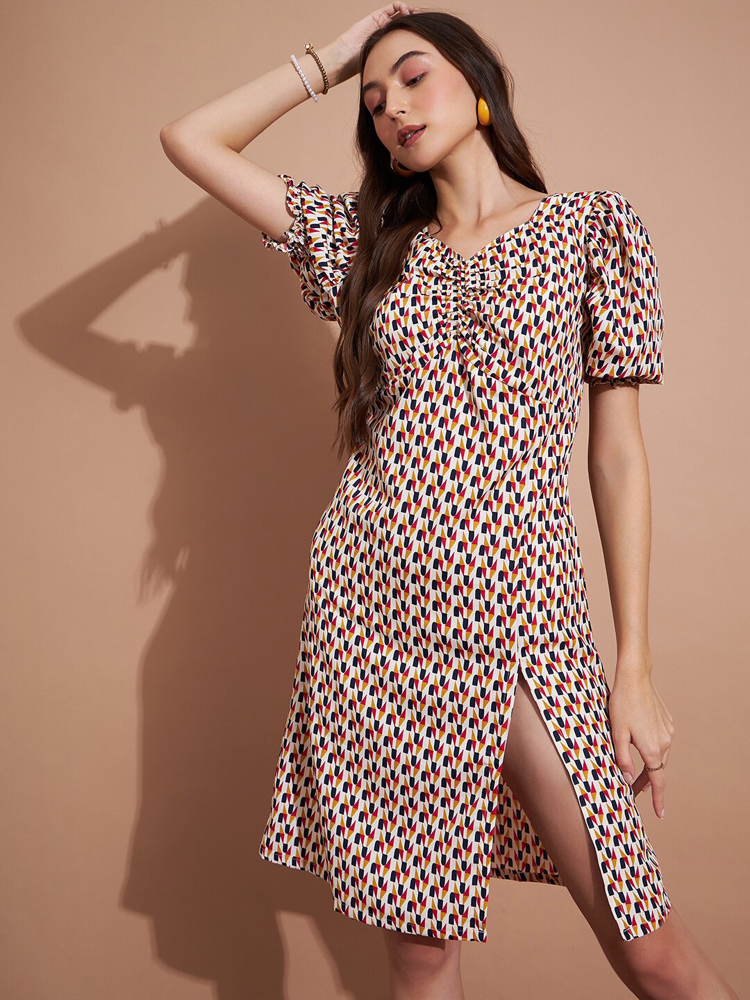 

DressBerry White Geometric Printed V-Neck A-Line Dress