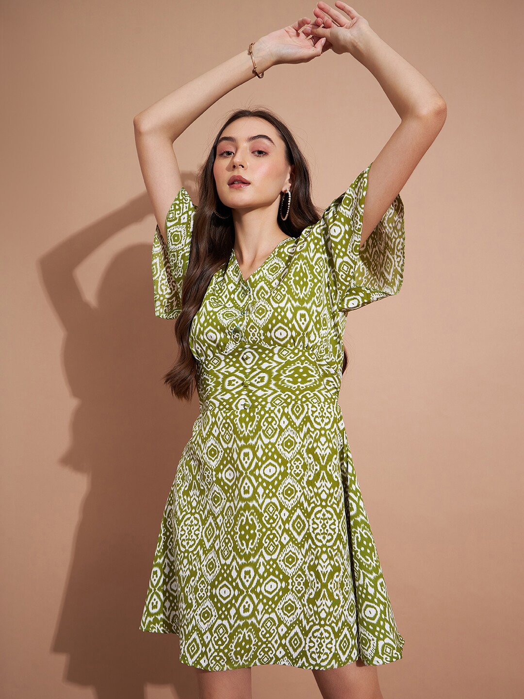 

DressBerry Green Ethnic Motifs Printed Flared Sleeves A-Line Dress