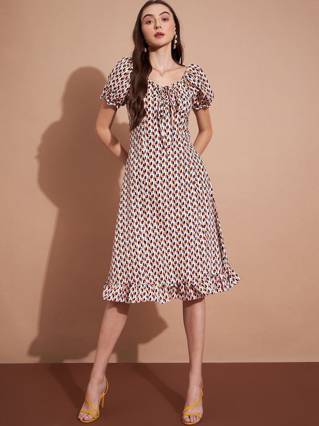 

DressBerry White Geometric Printed Tie-Up Neck Gathered A-Line Midi Dress