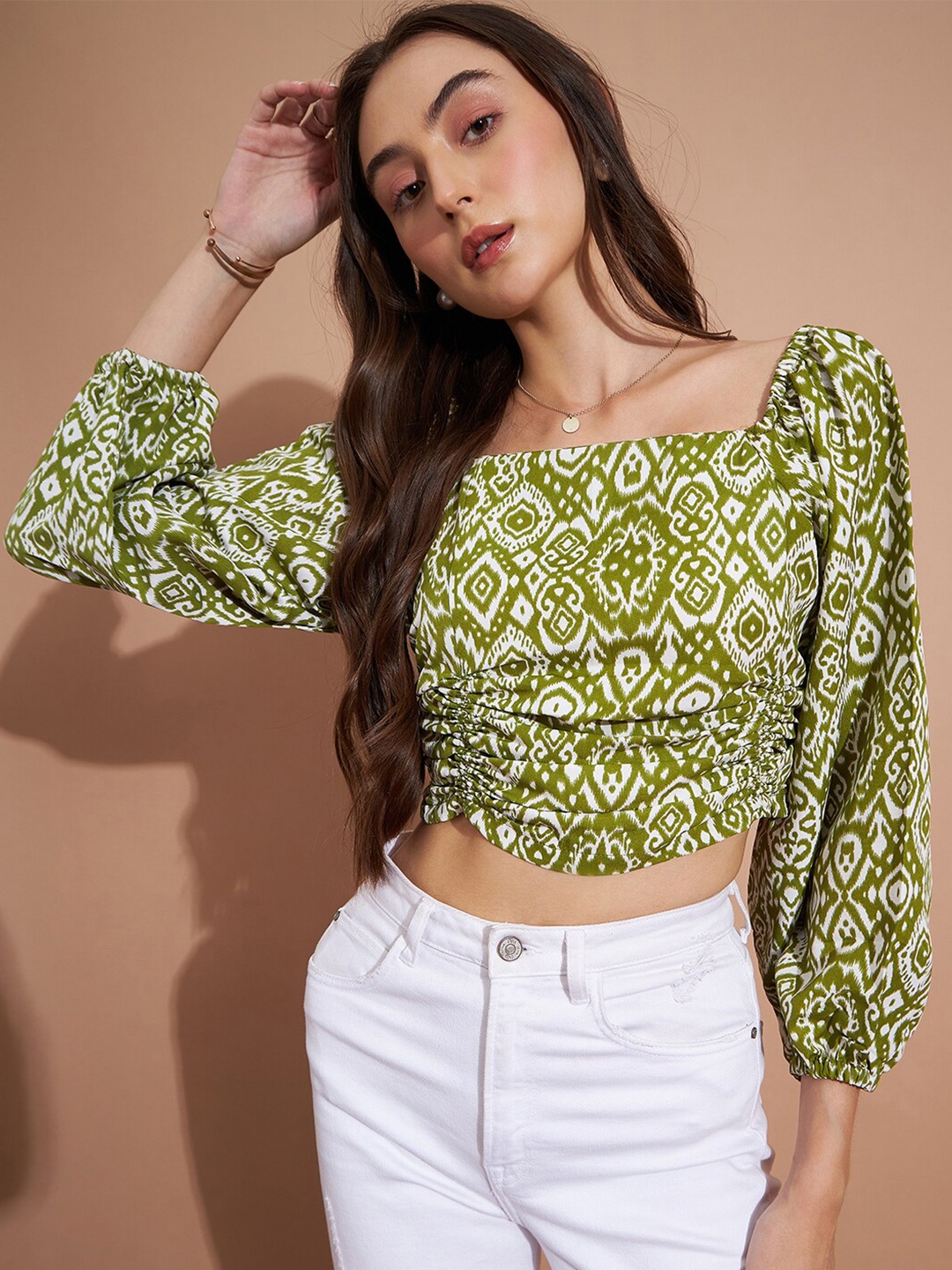 

DressBerry Printed Crepe Fitted Crop Top, Green
