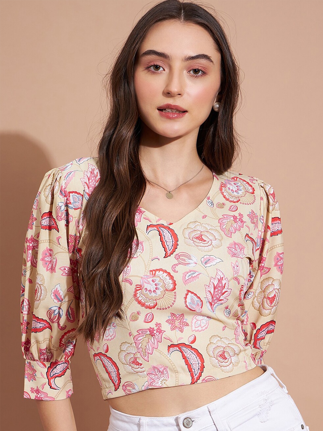 

DressBerry Floral Printed Puff Sleeve Crepe Crop Top, Beige