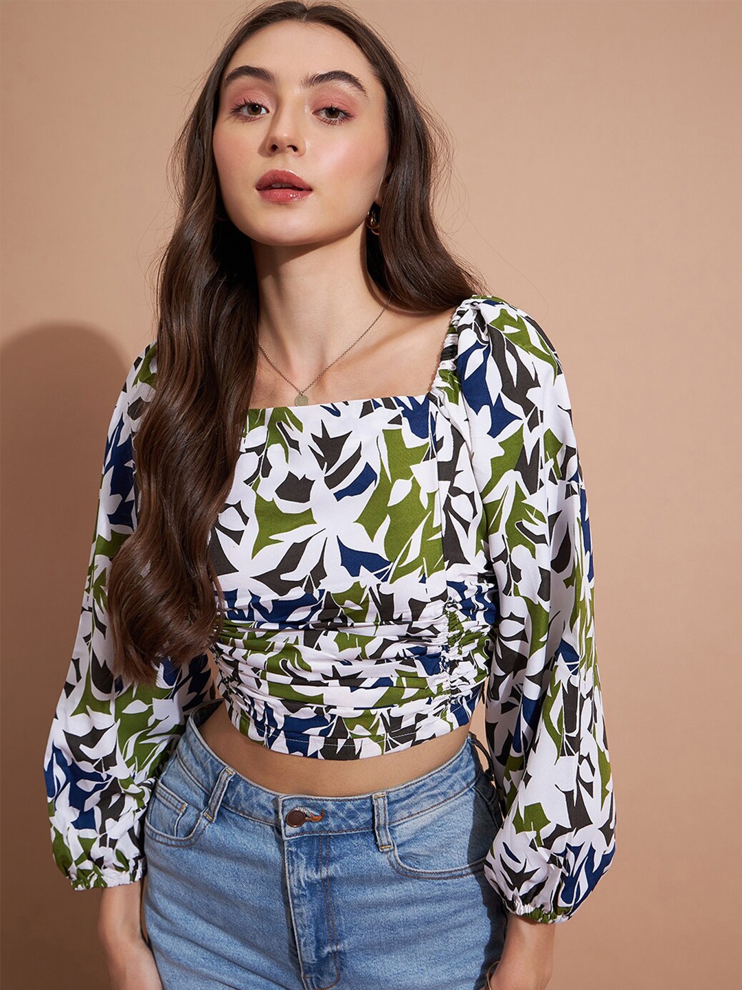 

DressBerry Floral Printed Crepe Fitted Crop Top, Green