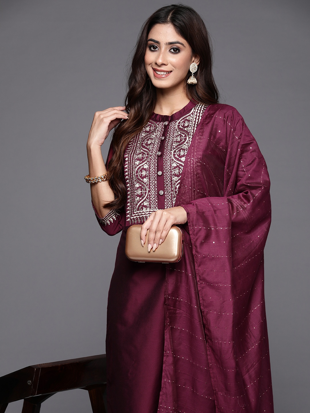 

Libas Women Ethnic Motifs Embroidered Regular Sequinned Kurta with Trousers & With Dupatta, Burgundy
