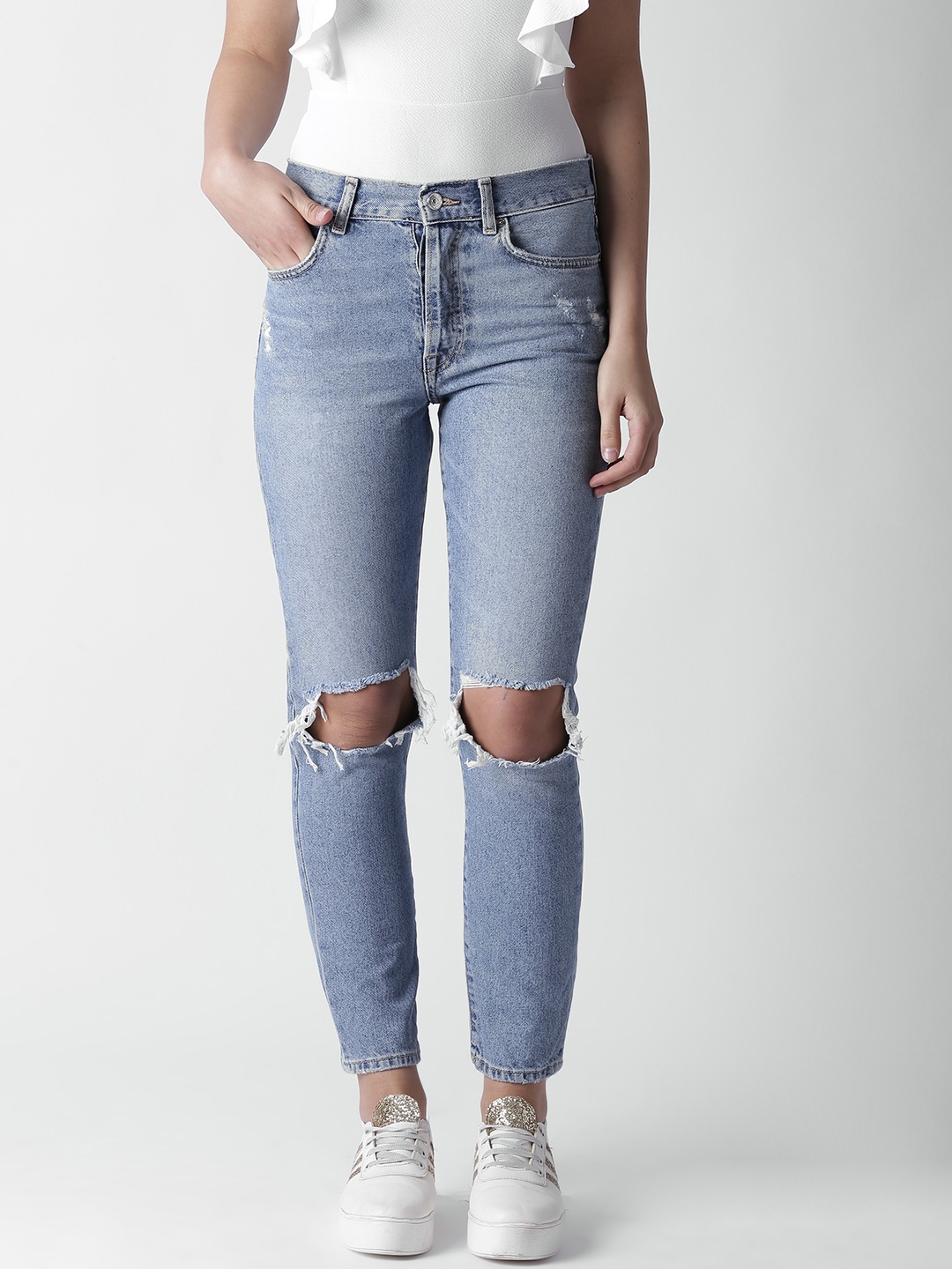 

FOREVER 21 Women Blue Regular Fit Mid-Rise Slash Knee Jeans