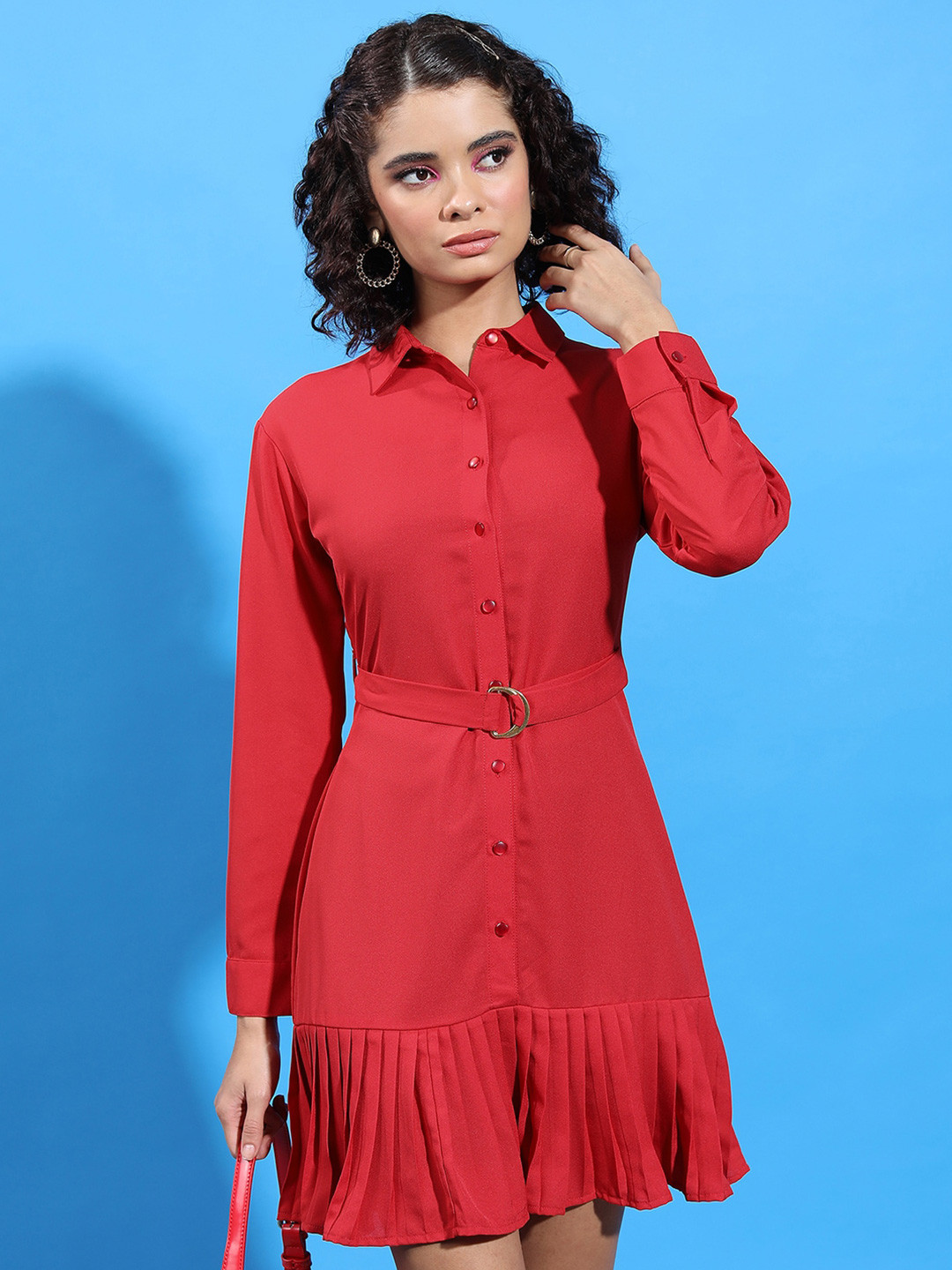 

Tokyo Talkies Cuffed Sleeves Belted Shirt Dress, Red