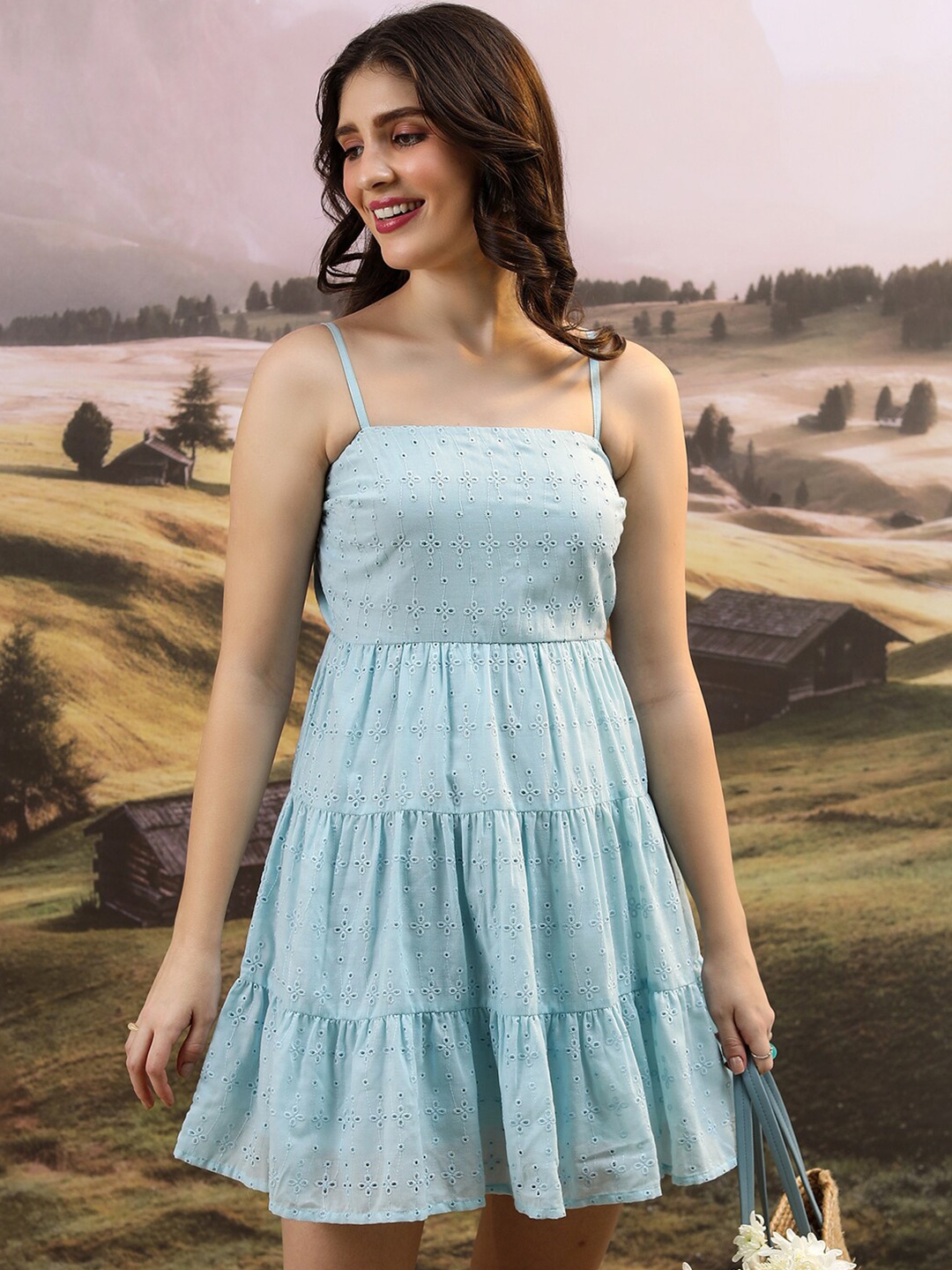 

Tokyo Talkies Floral Self Design Shoulder Straps Fit & Flare Dress, Blue