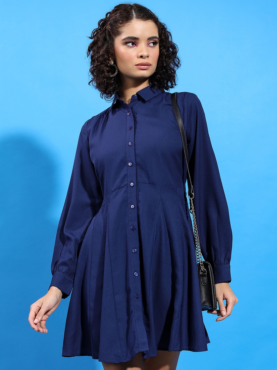 

Tokyo Talkies Shirt Collar Cuffed Sleeves Flared Shirt Mini Dress, Navy blue