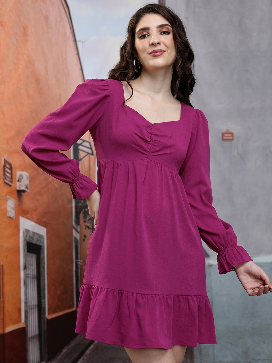 

Tokyo Talkies Pink Sweetheart Neck Puff Sleeve Fit & Flare Dress