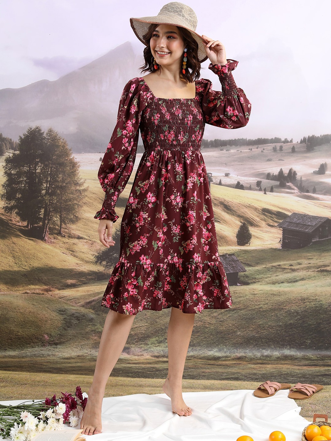 

Tokyo Talkies Maroon Floral Printed Cuff Sleeve Fit & Flare Dress