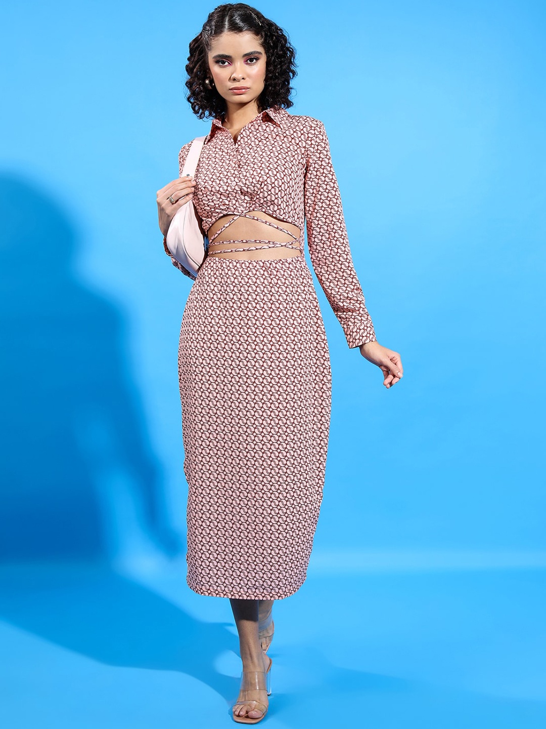 

Tokyo Talkies Peach-Coloured Geometric Printed Shirt Midi Dress With Cut Outs