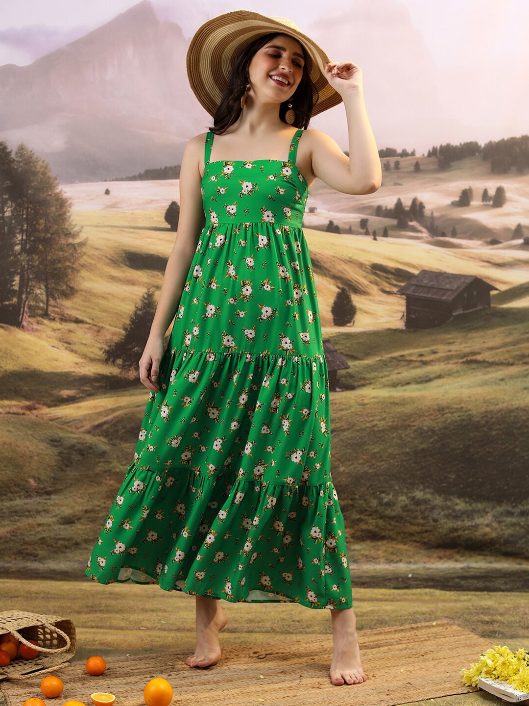 

Tokyo Talkies Green Floral Print Fit & Flare Midi Dress