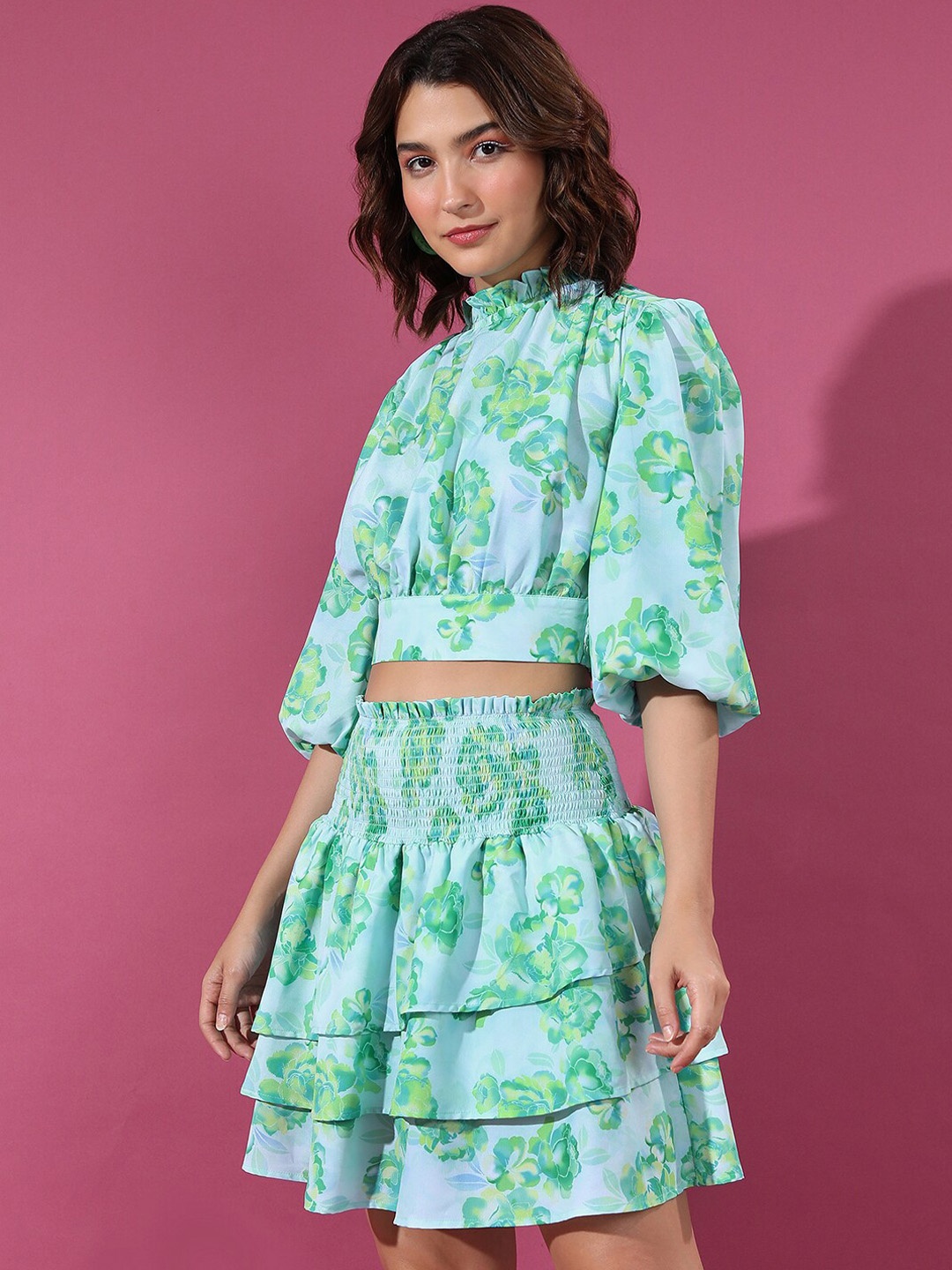 

Tokyo Talkies Floral Printed Smocked Detail Balloon Sleeves Crop Top & Ruffled Mini Skirt, Green