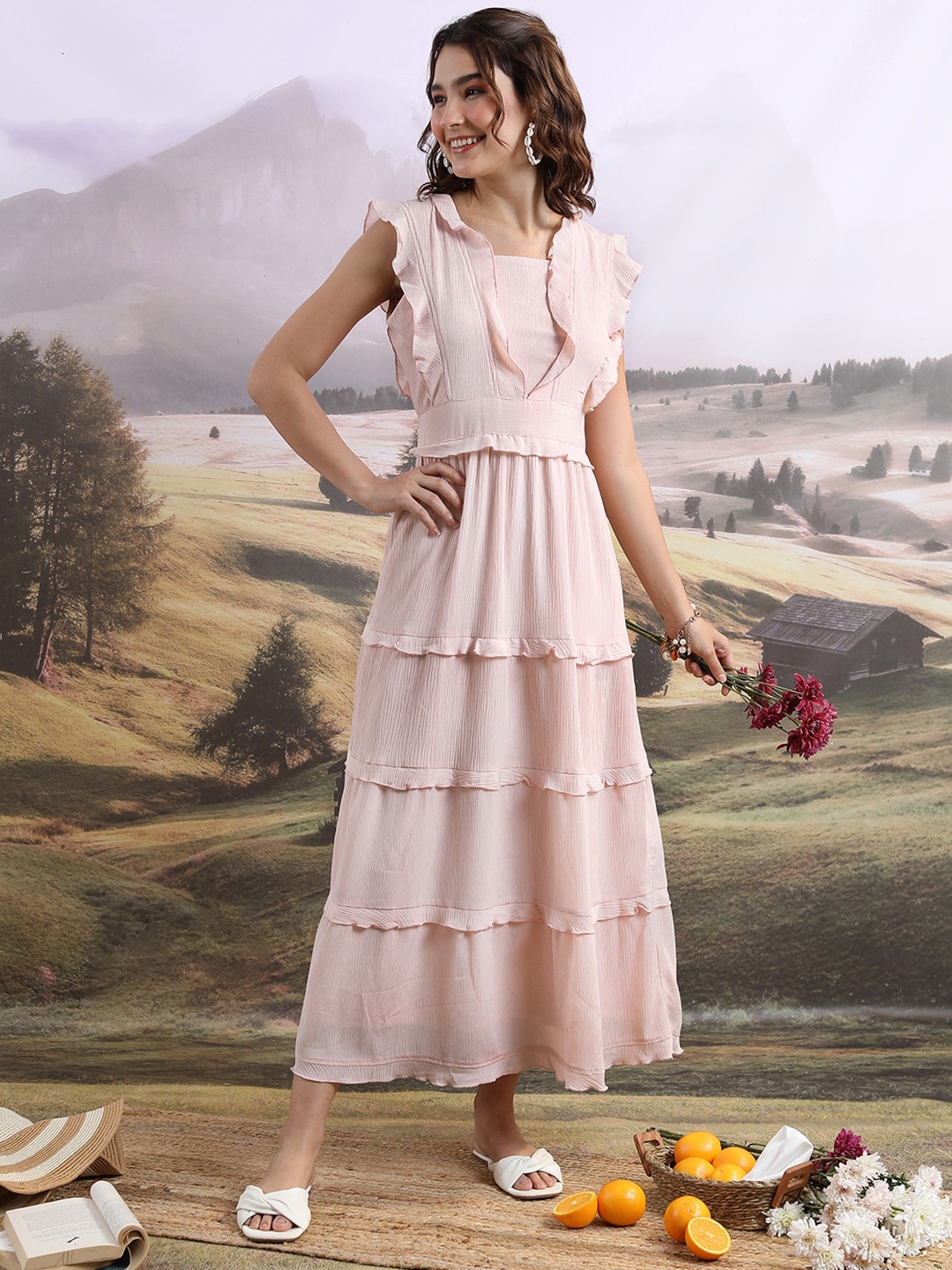 

Tokyo Talkies Peach-Coloured Flutter Sleeve Tiered Maxi Dress