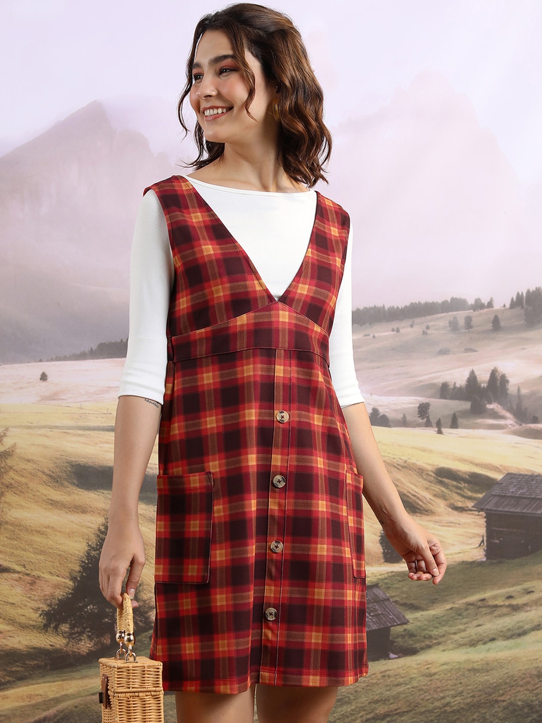 

Tokyo Talkies Red & Black Checked Pinafore Dress